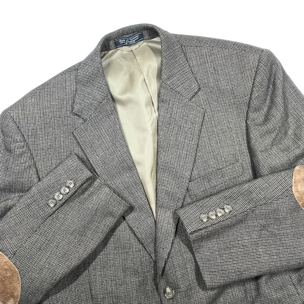 Bill Blass Lambswool Blazer Mens 42S Brown Suede Elbow Patch Blazer Check Tweed